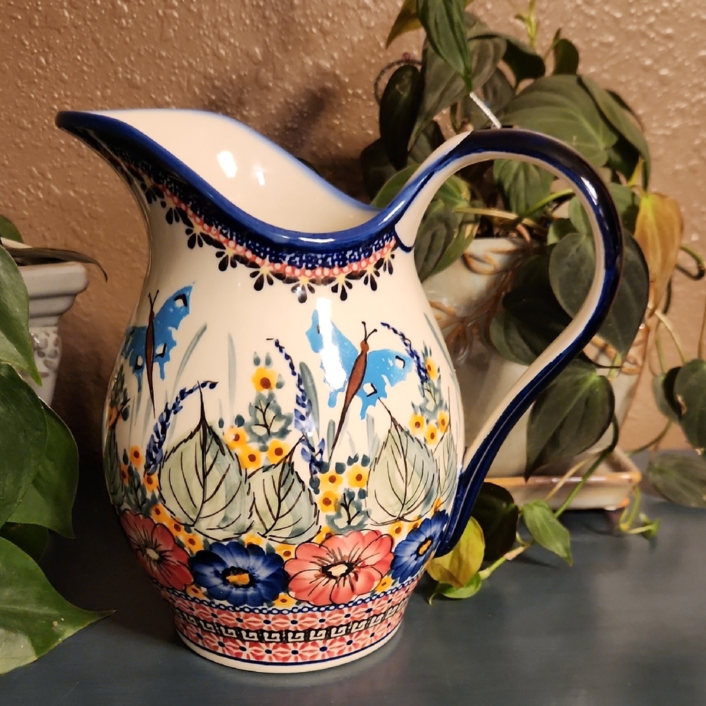 Unikat Polish Pottery Hand-Painted Floral Ceramic Pitcher EUC